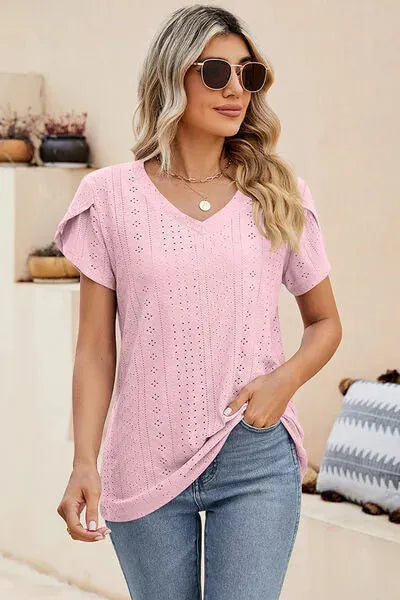 Eyelet V-Neck Petal Sleeve T-Shirt Women's T-Shirts - Tophatter Daily Deals